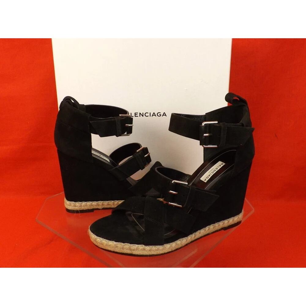 NIB BALENCIAGA BLACK SUEDE BUCKLE ANKLE STRAP ESPADRILLE WEDGE SANDALS 41 $620 - Picture 5 of 10